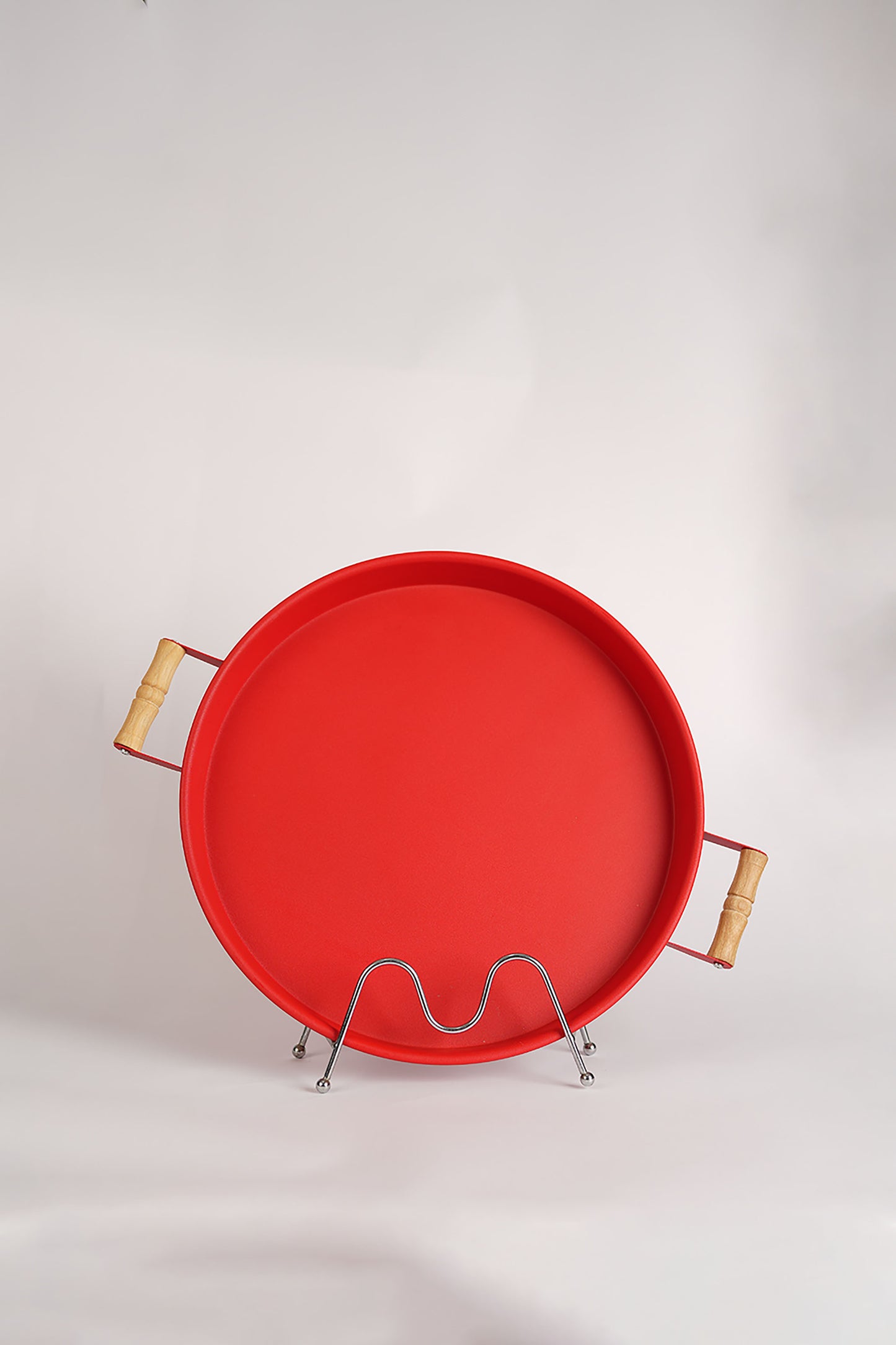 Red Metal Round Serving Tray with Wooden Handles - 36cm