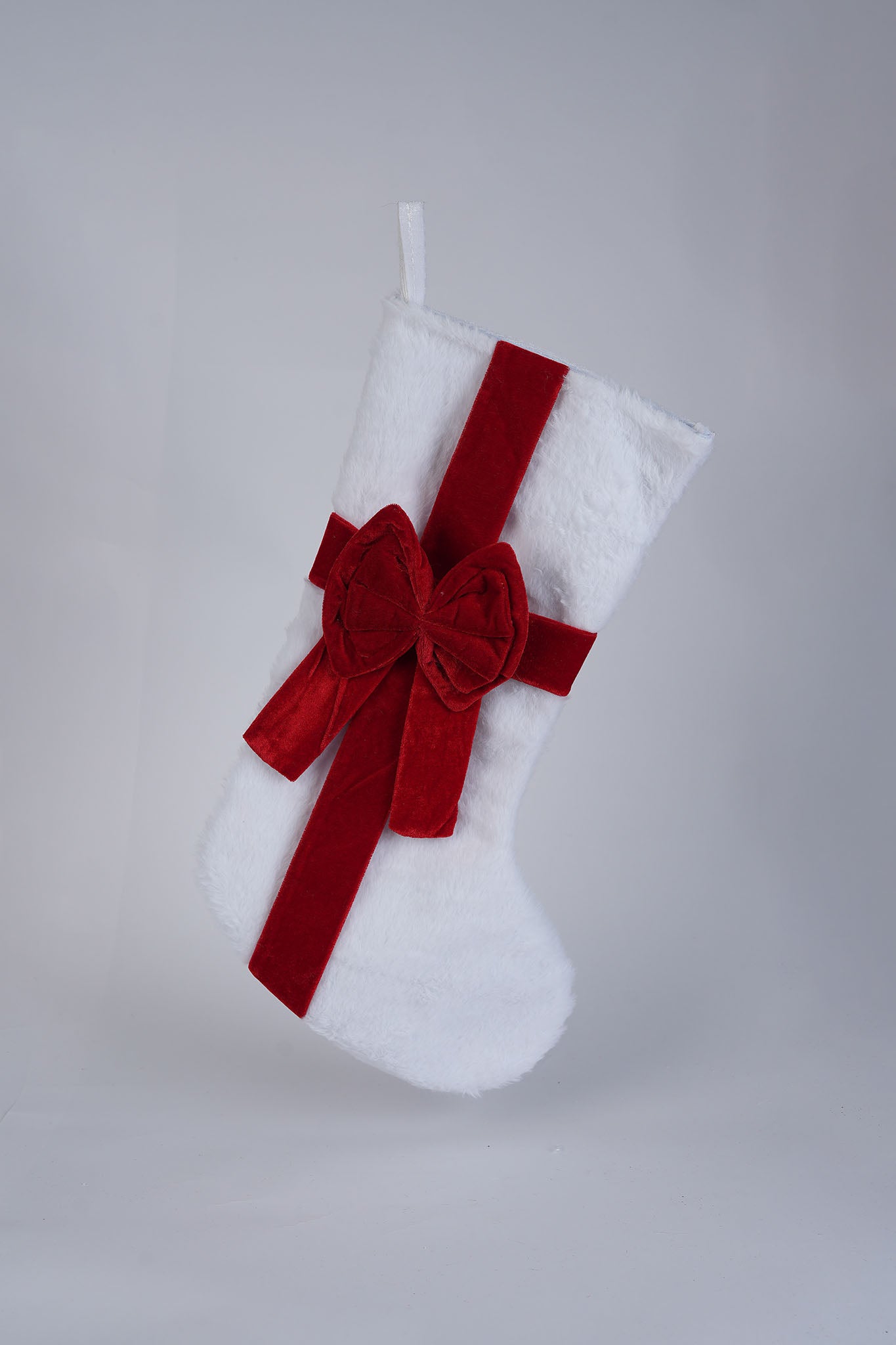 White Faux Fur Christmas Stocking with Red Bow - 20cm
