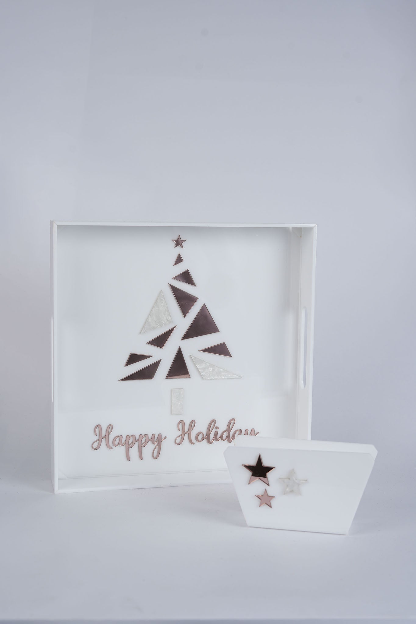 Happy Holidays Rose Gold & White Plexiglass Serving Set