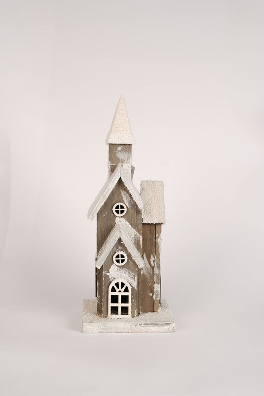 Rustic Wooden Chapel with Battery Lights - 40cm