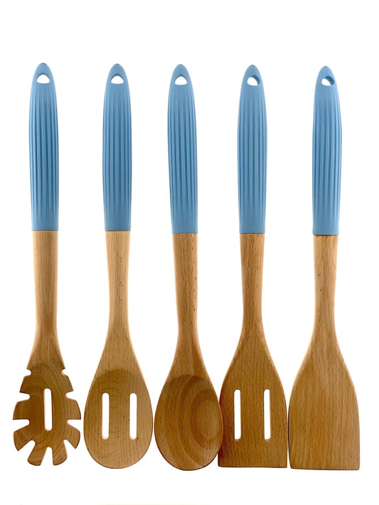 Bamboo Kitchen Utensil Set 5 pcs - Blue Silicone