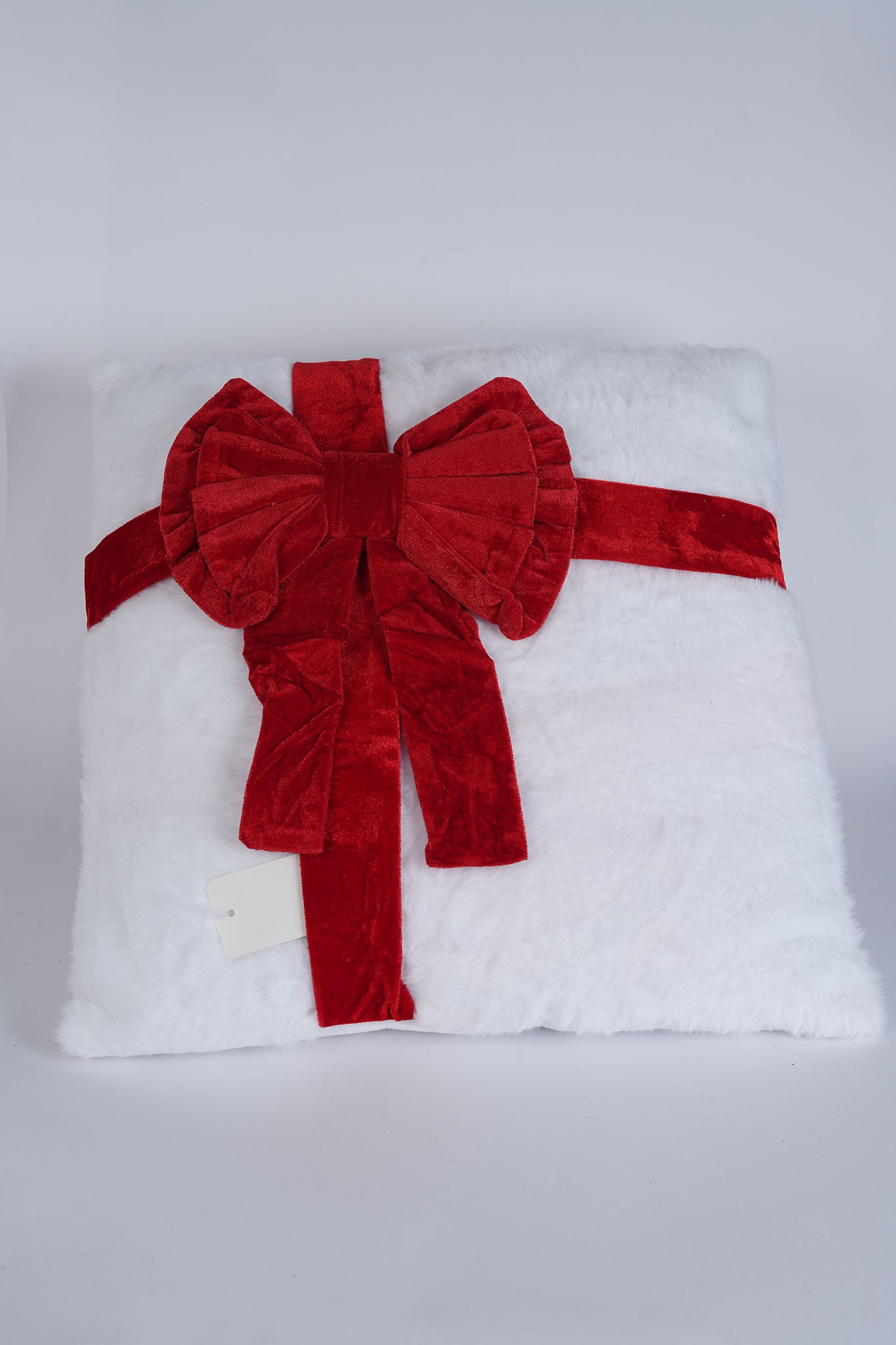 White Faux Fur Pillow with Red Bow - 42cm