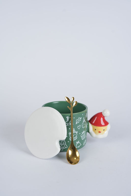 Green Christmas Mug with Santa Spoon & Lid