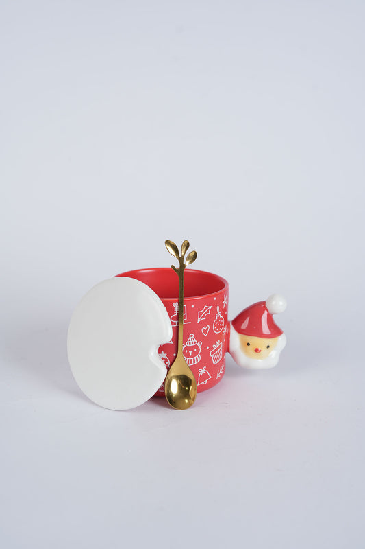 Red Christmas Mug with Santa Spoon & Lid