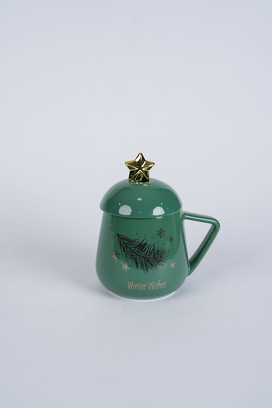 Winter Wishes Green Ceramic Mug with Star Lid