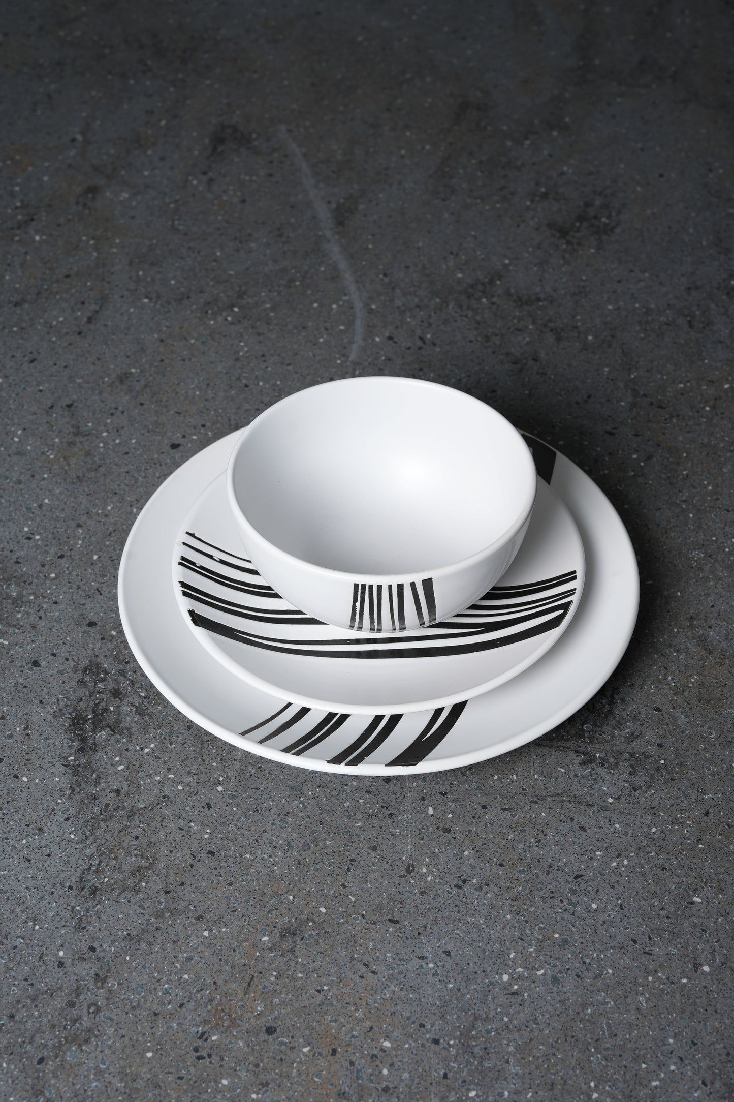 White Dinnerware Set with Black Linear Accents - 12 Piece Collection
