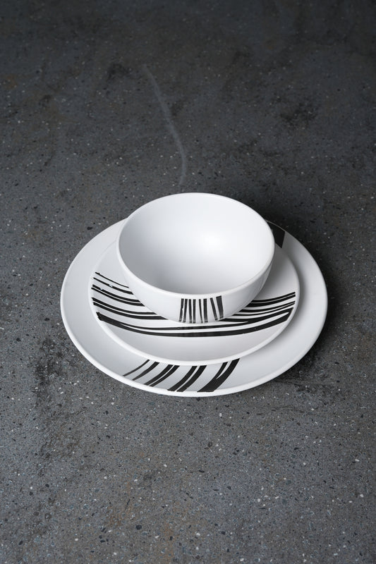 White Dinnerware Set with Black Linear Accents - 12 Piece Collection