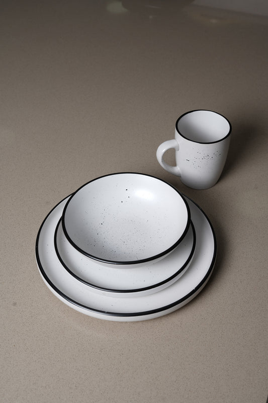 White Speckled Black Rim Dinnerware Set - 16 Pieces Set