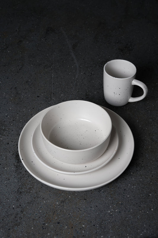 White Speckled Black Rim Dinnerware Set - 16 Pieces Set